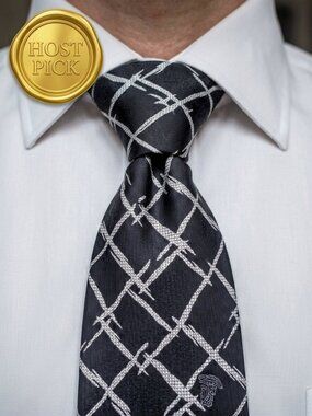 Vintage Versace Collection Silk Tie Black White Abstract Grid Medusa Italy Y2K